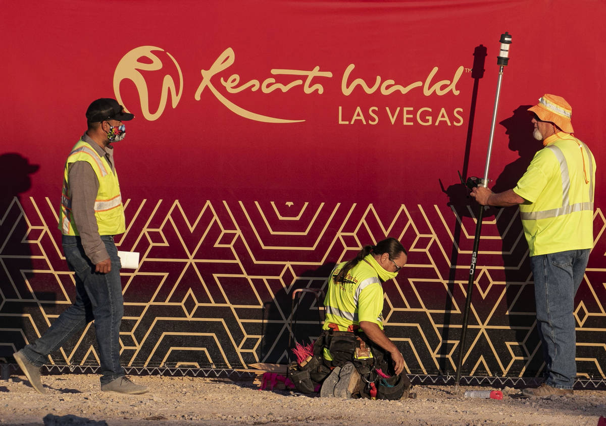 Construction workers are seen at the Resorts World construction site, on Monday, Aug. 31, 2020, ...