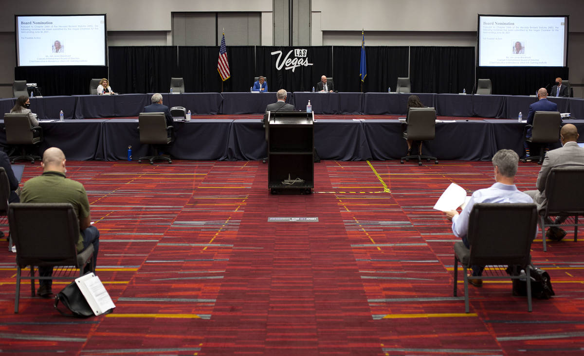 A Las Vegas Convention and Visitors Authority meeting is socially distanced on Tuesday, Sept. 1 ...