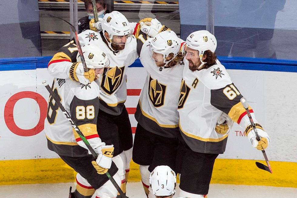 Vegas Golden Knights players, from left to right, Nate Schmidt, Max Pacioretty, William Karlsso ...