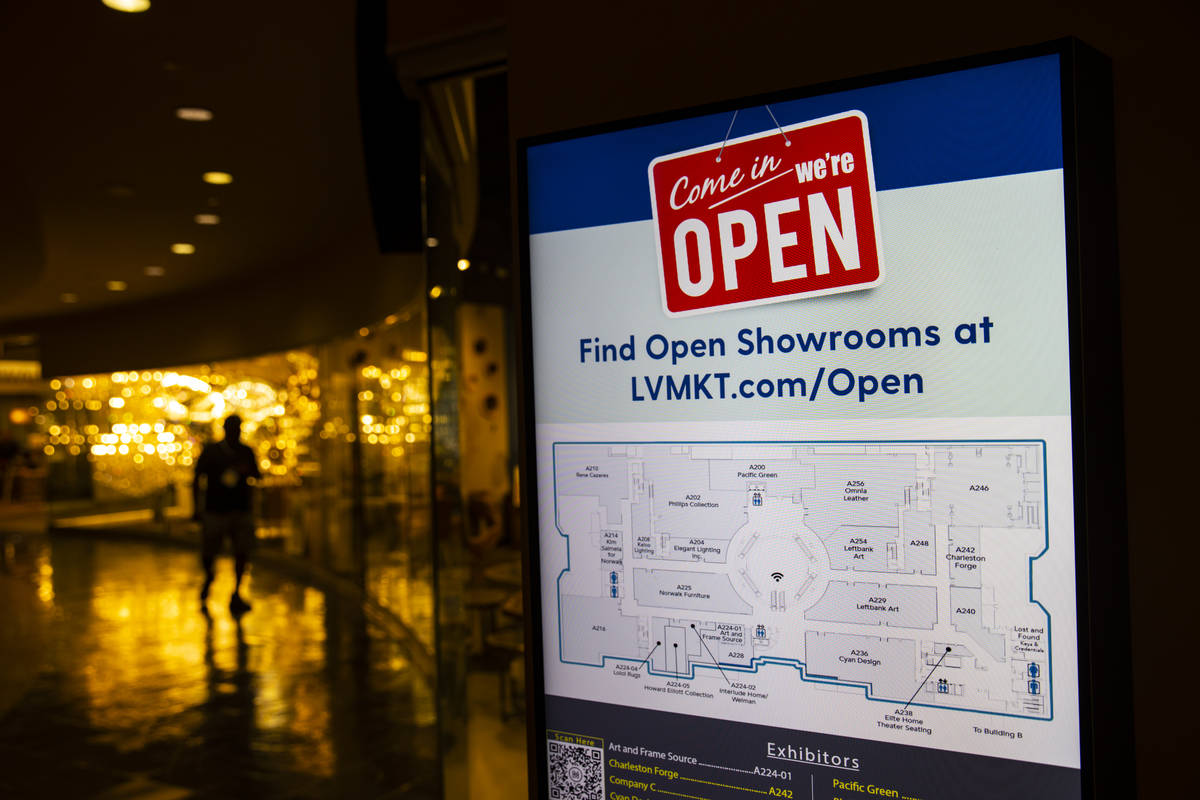 A digital sign shows open showrooms during the Summer Las Vegas Market at the World Market Cent ...