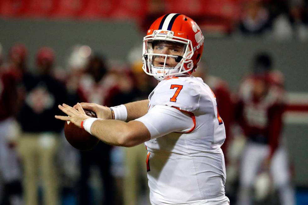 FILE - In this Saturday, Nov. 9, 2019, file photo, Clemson's Chase Brice (7) passes the ball ag ...