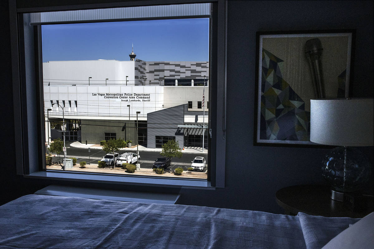 The Las Vegas Convention Center as seen from a newly built Home2 Suites hotel room on Thursday, ...