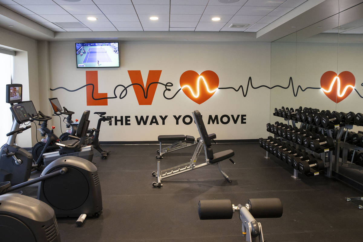 Fitness center at a newly built, dual branded Hampton Inn & Suites and Home2 Suites hotel, ...