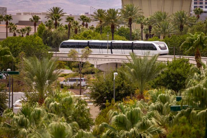 A train makes its way towards the Westgate Station along the Las Vegas Monorail system on Sunda ...