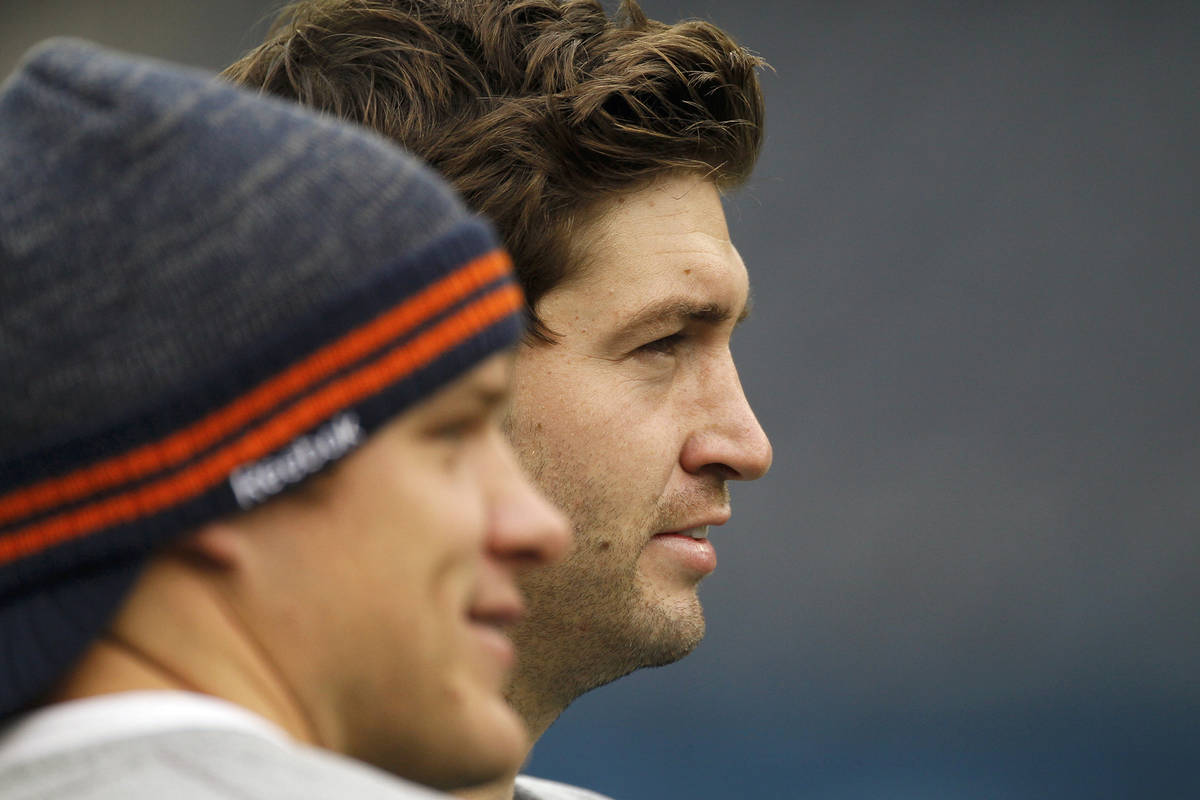 FILE - In this Nov. 13, 2011 file photo, Chicago Bears quarterbacks Jay Cutler, right, and Cale ...