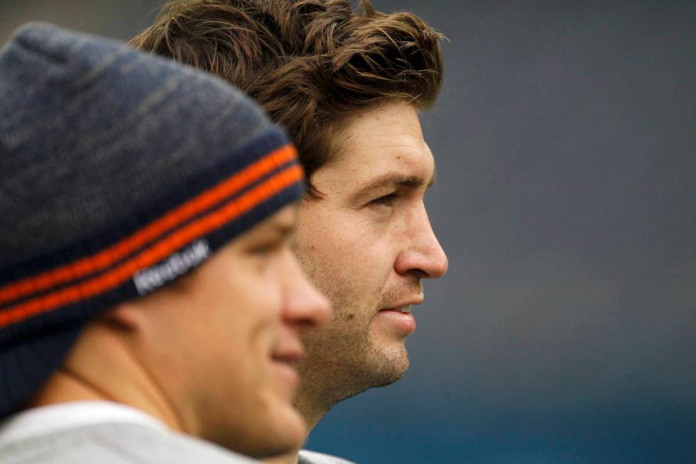 FILE - In this Nov. 13, 2011 file photo, Chicago Bears quarterbacks Jay Cutler, right, and Cale ...