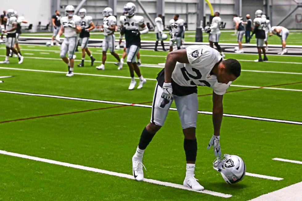 In this Aug. 26, 2020, file photo, Las Vegas Raiders safety Damarious Randall gets ready to str ...