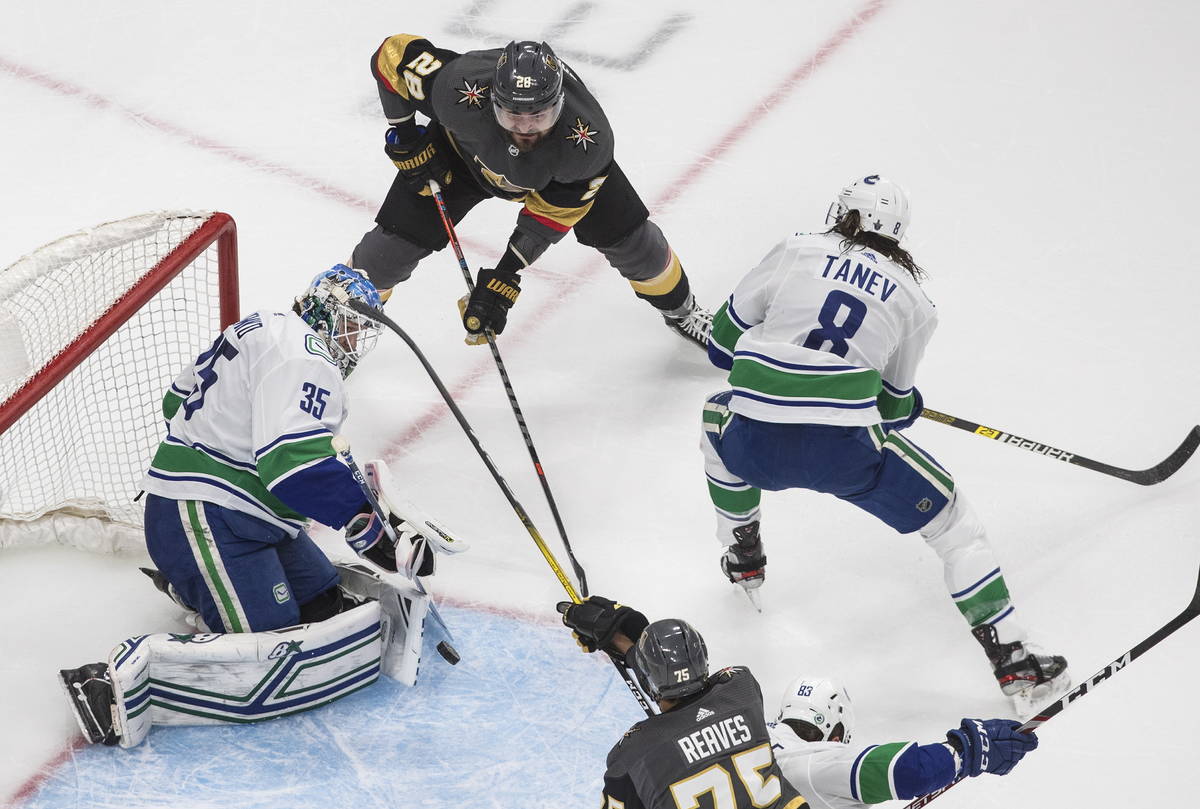 Vancouver Canucks goalie Thatcher Demko (35) makes a save on Vegas Golden Knights' William Carr ...
