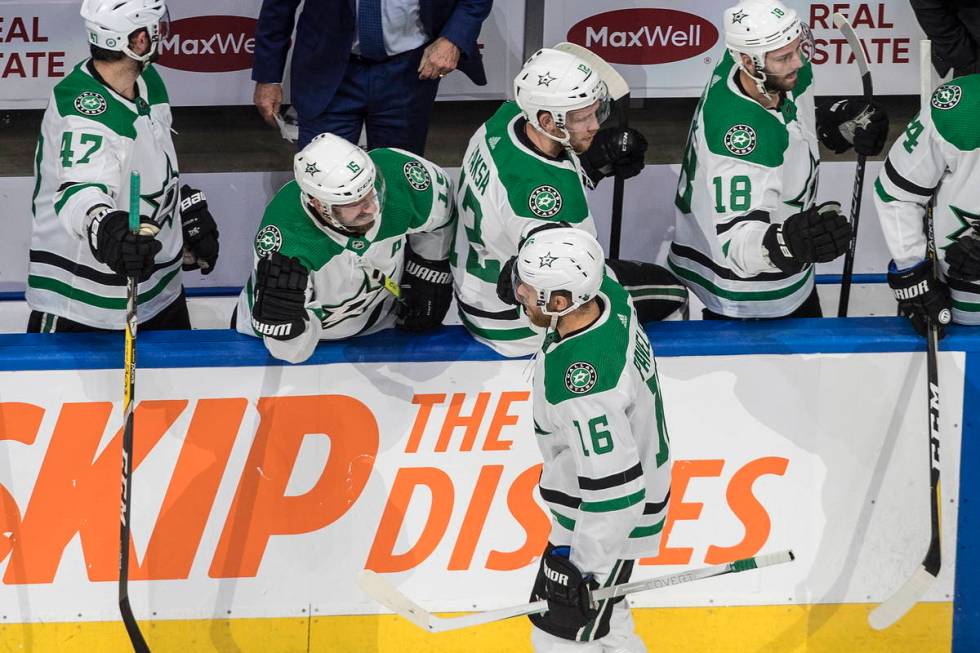 Dallas Stars' Joe Pavelski (16) celebrates a goal against the Calgary Flames during second-peri ...