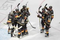 Vegas Golden Knights celebrate their win over the Vancouver Canucks in Game 7 of an NHL hockey ...