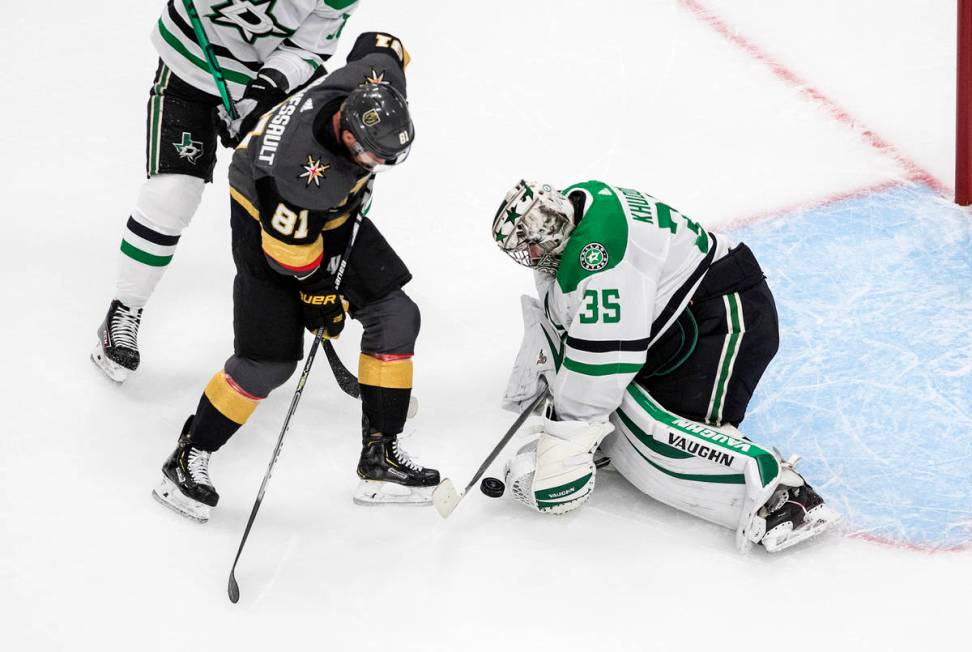 Vegas Golden Knights' Jonathan Marchessault (81) is stopped by Dallas Stars' goalie Anton Khudo ...