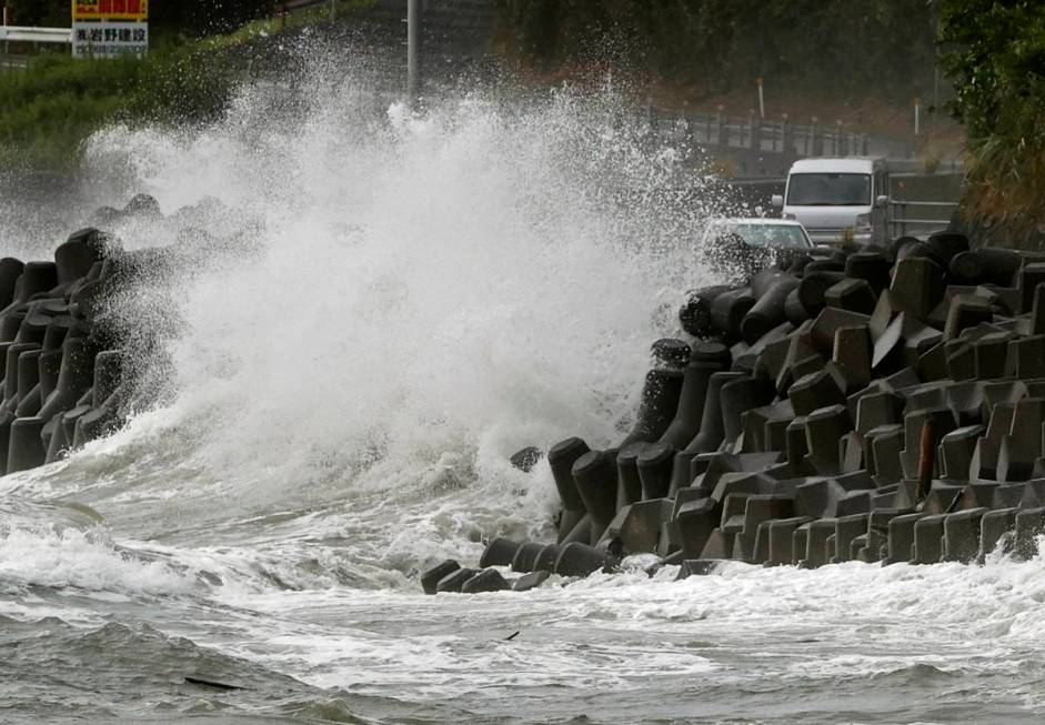 High waves pound the coast of the Kagoshima city, southwestern Japan Sunday, Sept. 6, 2020. The ...