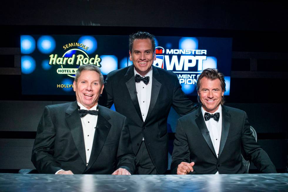 Mike Sexton, left, seen in an undated file photo, died Sunday at 72. Also pictured are WPT exec ...