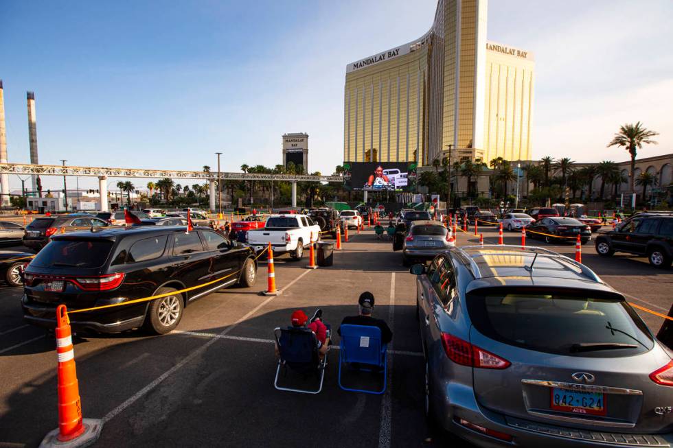 Las Vegas Aces fans watch the action during a drive-in showing of the Las Vegas Aces WNBA game ...