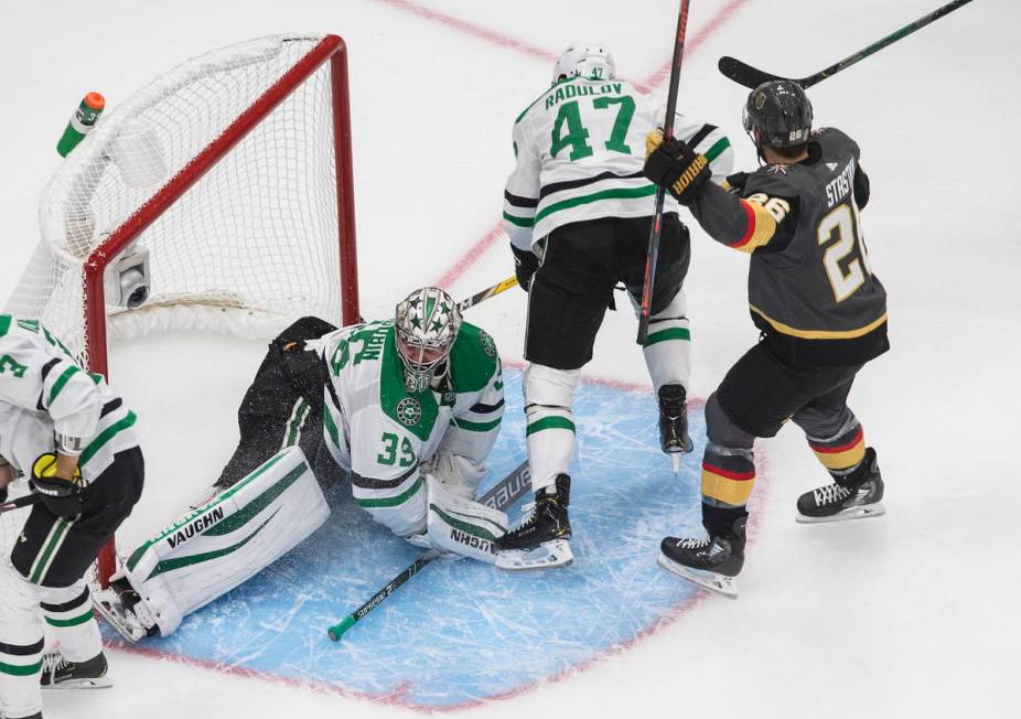 Dallas Stars goalie Anton Khudobin (35) gives up a goal to Vegas Golden Knights' Paul Stastny ( ...