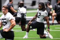 In this Aug. 16, 2020, file photo, Las Vegas Raiders linebacker Cory Littleton (42) stretches d ...