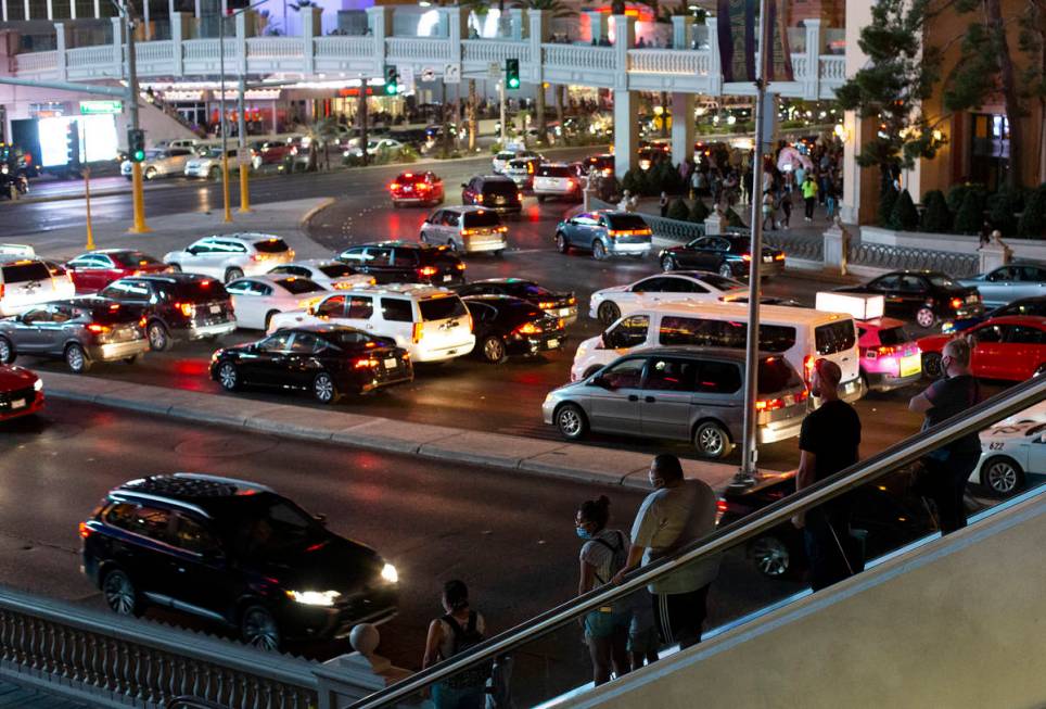 Both pedestrian and motorist traffic picked up on the Strip during Labor Day weekend on Saturda ...