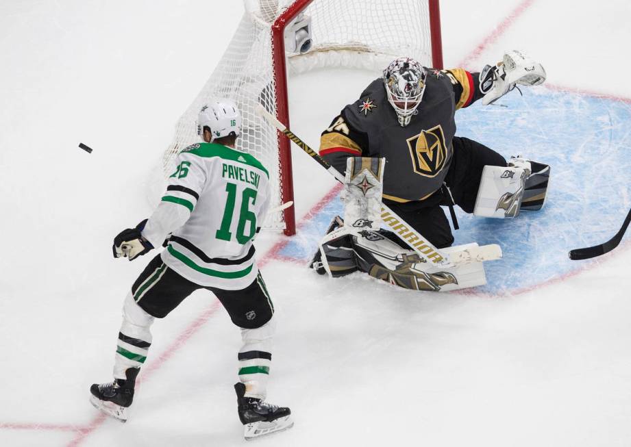 Dallas Stars' Joe Pavelski (16) is stopped by Vegas Golden Knights goalie Robin Lehner (90) dur ...