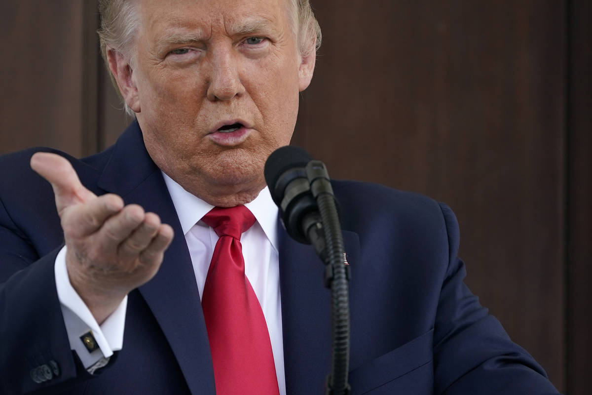 President Donald Trump speaks during a news conference on the North Portico of the White House, ...