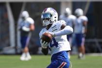 Buffalo Bills wide receiver Stefon Diggs (14) catches a pass during an NFL football training ca ...