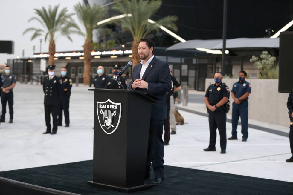 Clark County Commissioner Michael Naft speaks during a 9/11 ceremony at Allegiant Stadium in La ...