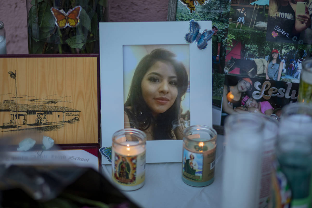A photograph of Lesly Palacio is seen during Palacio's vigil at her mother's home, in Las Vegas ...