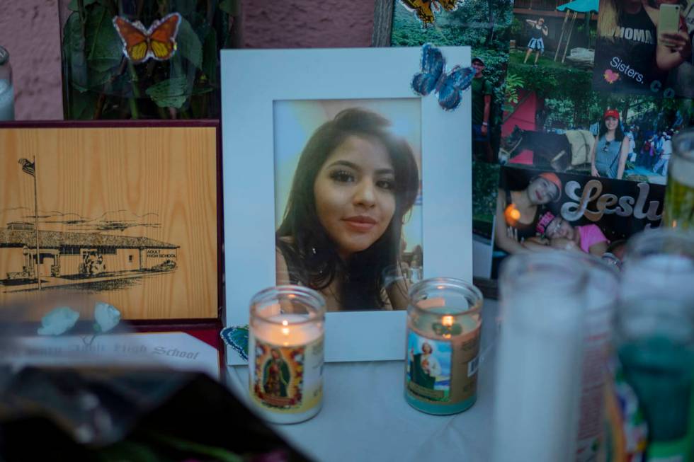 A photograph of Lesly Palacio is seen during Palacio's vigil at her mother's home, in Las Vegas ...