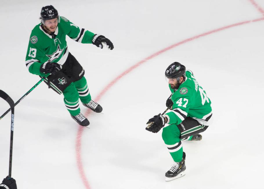 Dallas Stars right wing Alexander Radulov (47) celebrates his overtime goal against the Vegas G ...