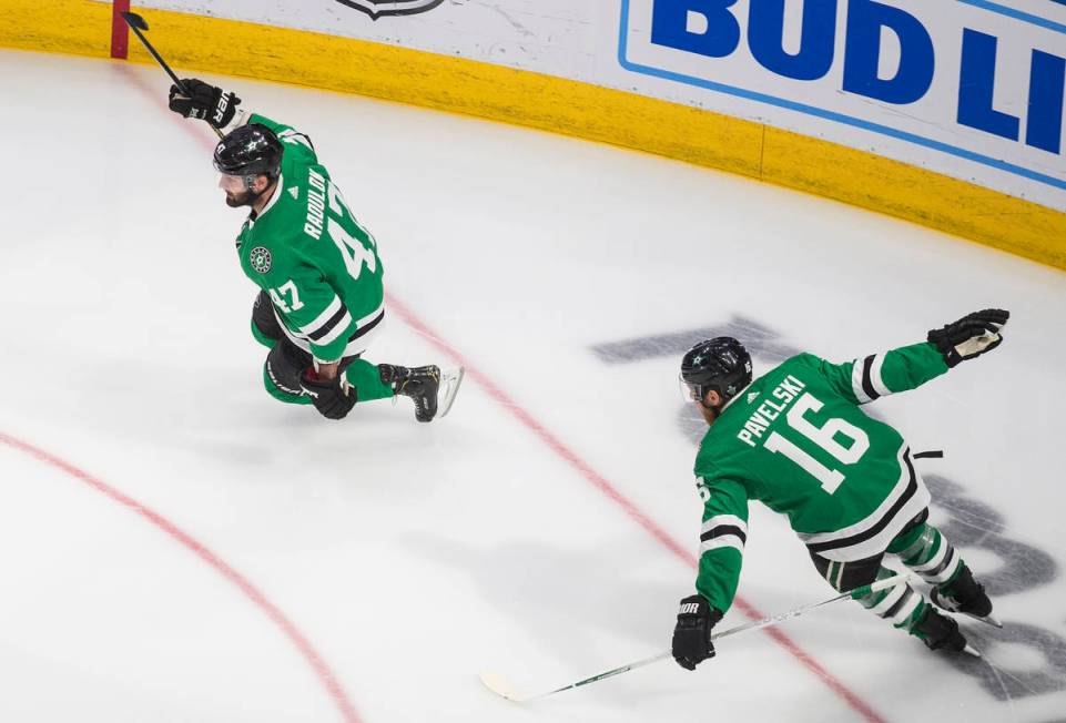 Dallas Stars' Alexander Radulov (47) celebrate his overtime goal against the Vegas Golden Knigh ...