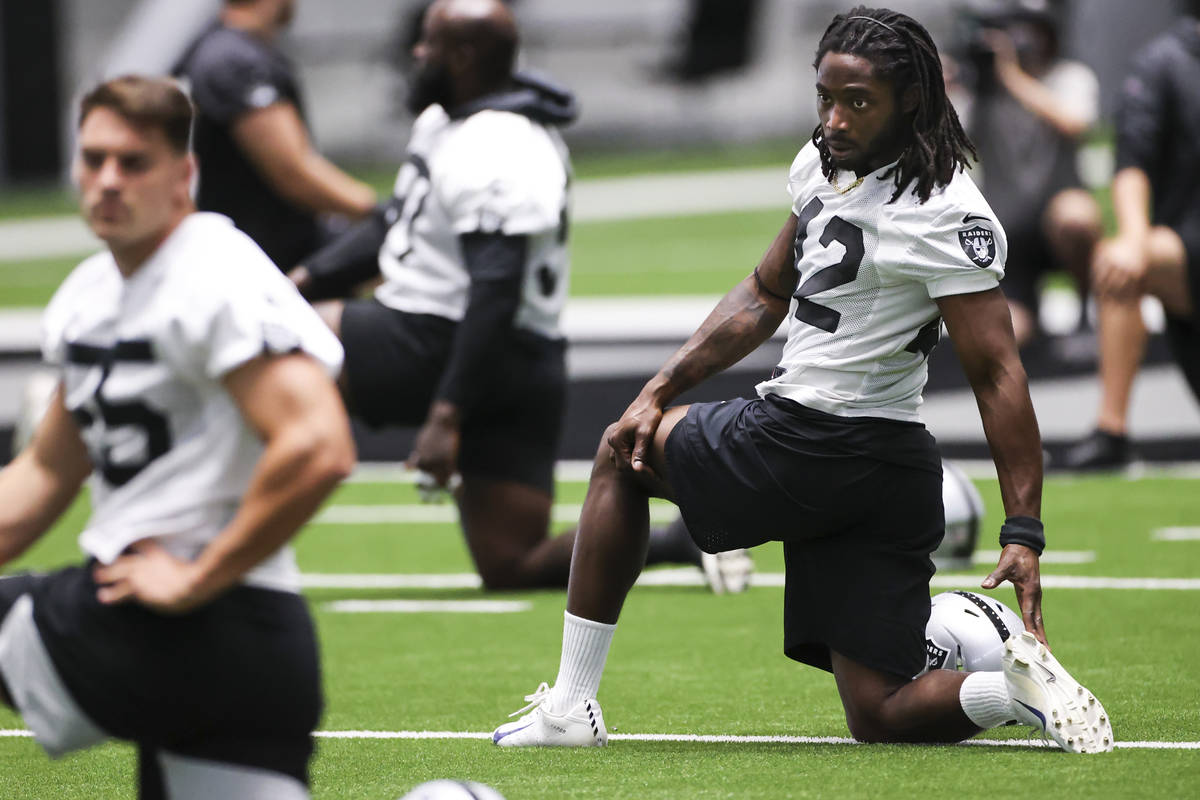 Las Vegas Raiders linebacker Cory Littleton (42) stretches during an NFL training camp practice ...