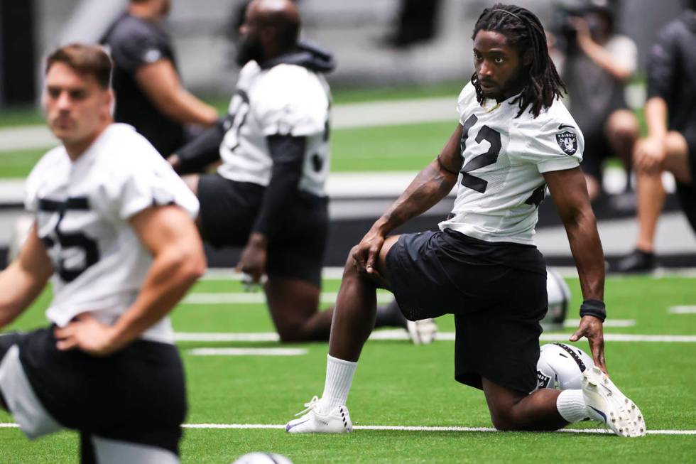 Las Vegas Raiders linebacker Cory Littleton (42) stretches during an NFL training camp practice ...