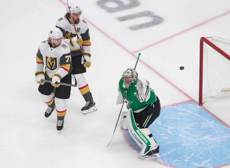 Dallas Stars goalie Anton Khudobin makes a save as Vegas Golden Knights' William Karlsson (71) ...