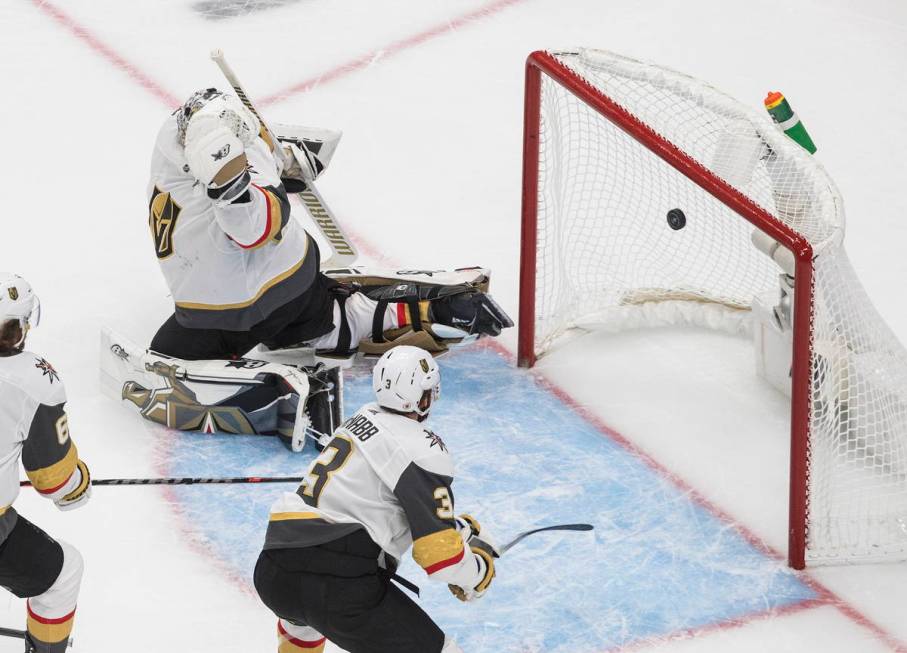 Vegas Golden Knights goalie Robin Lehner (90) gives up a goal to Dallas Stars center Joe Pavels ...