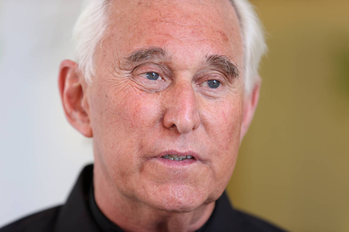 Roger Stone is interviewed at the Ahern Hotel in Las Vegas, Saturday, Sept. 12, 2020. (Erik Ver ...