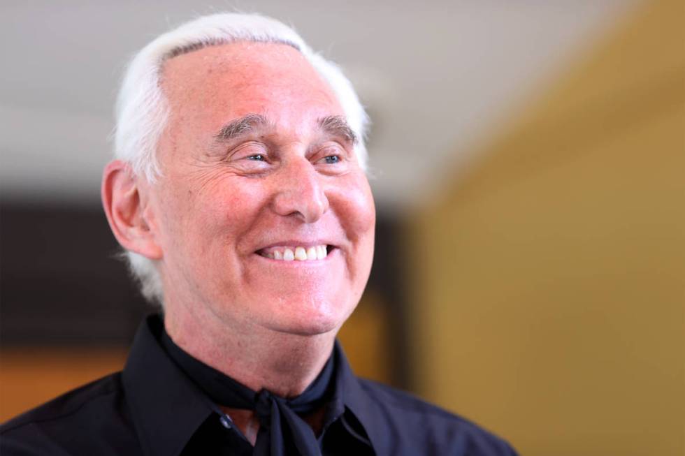 Roger Stone is interviewed at the Ahern Hotel in Las Vegas, Saturday, Sept. 12, 2020. (Erik Ver ...