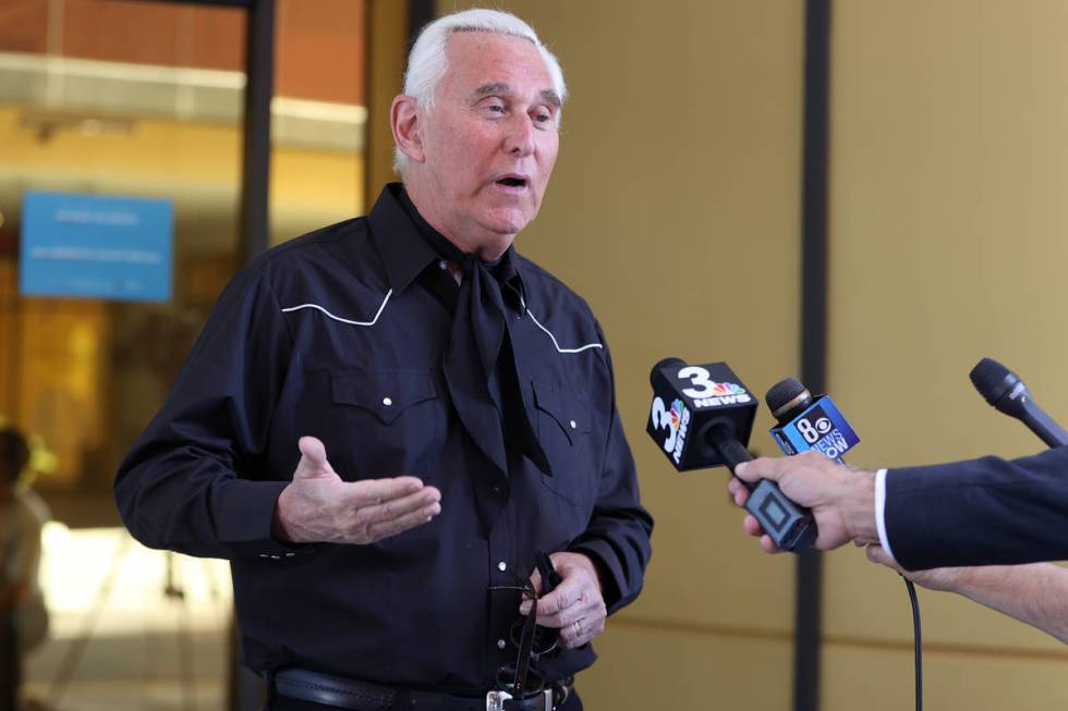 Roger Stone is interviewed at the Ahern Hotel in Las Vegas, Saturday, Sept. 12, 2020. (Erik Ver ...