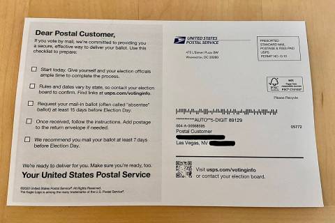 The USPS has mailed voters a postcard with information on how to vote by mail, including how so ...
