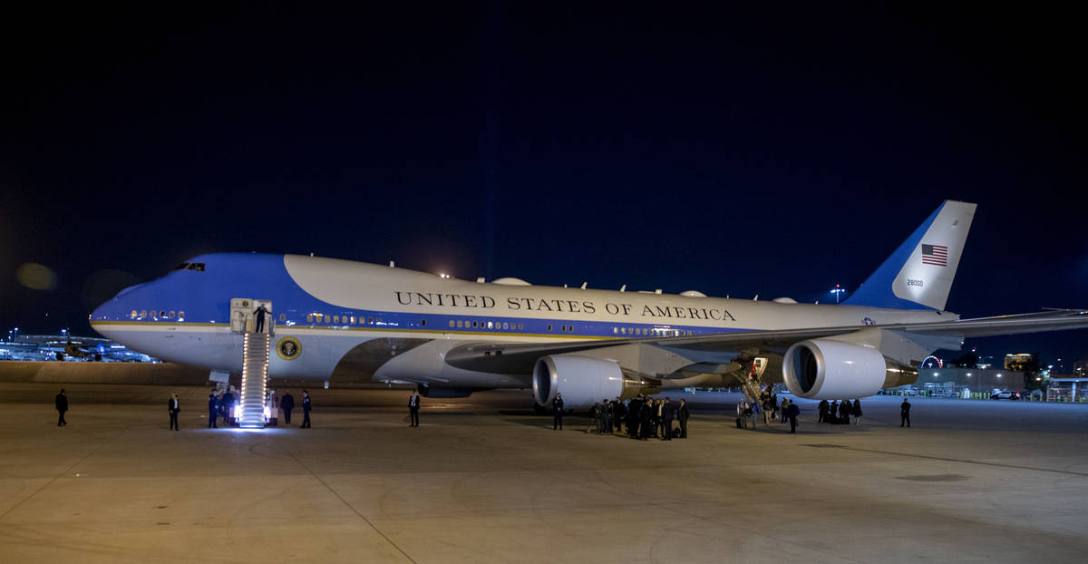 President Donald Trump arrives at McCarran International Airport on Air Force One late on Satur ...