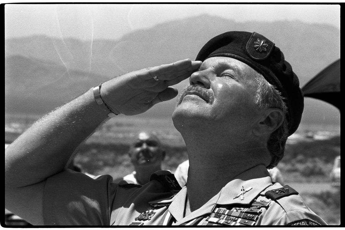 Retired Green Beret Lt. Col. James "Bo" Gritz at a flag-raising ceremony in 1987. (Las vegas Re ...