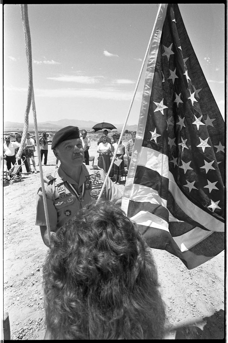 Retired Green Beret Lt. Col. James "Bo" Gritz at a flag-raising ceremony in 1987. (Las Vegas Re ...