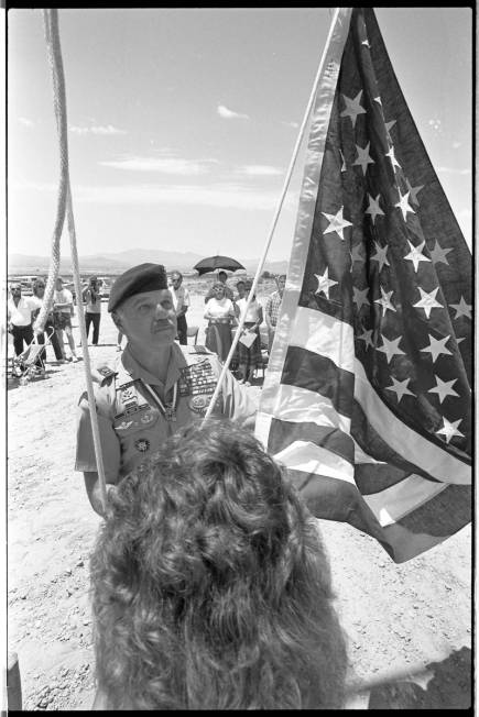 Retired Green Beret Lt. Col. James "Bo" Gritz at a flag-raising ceremony in 1987. (Las Vegas Re ...