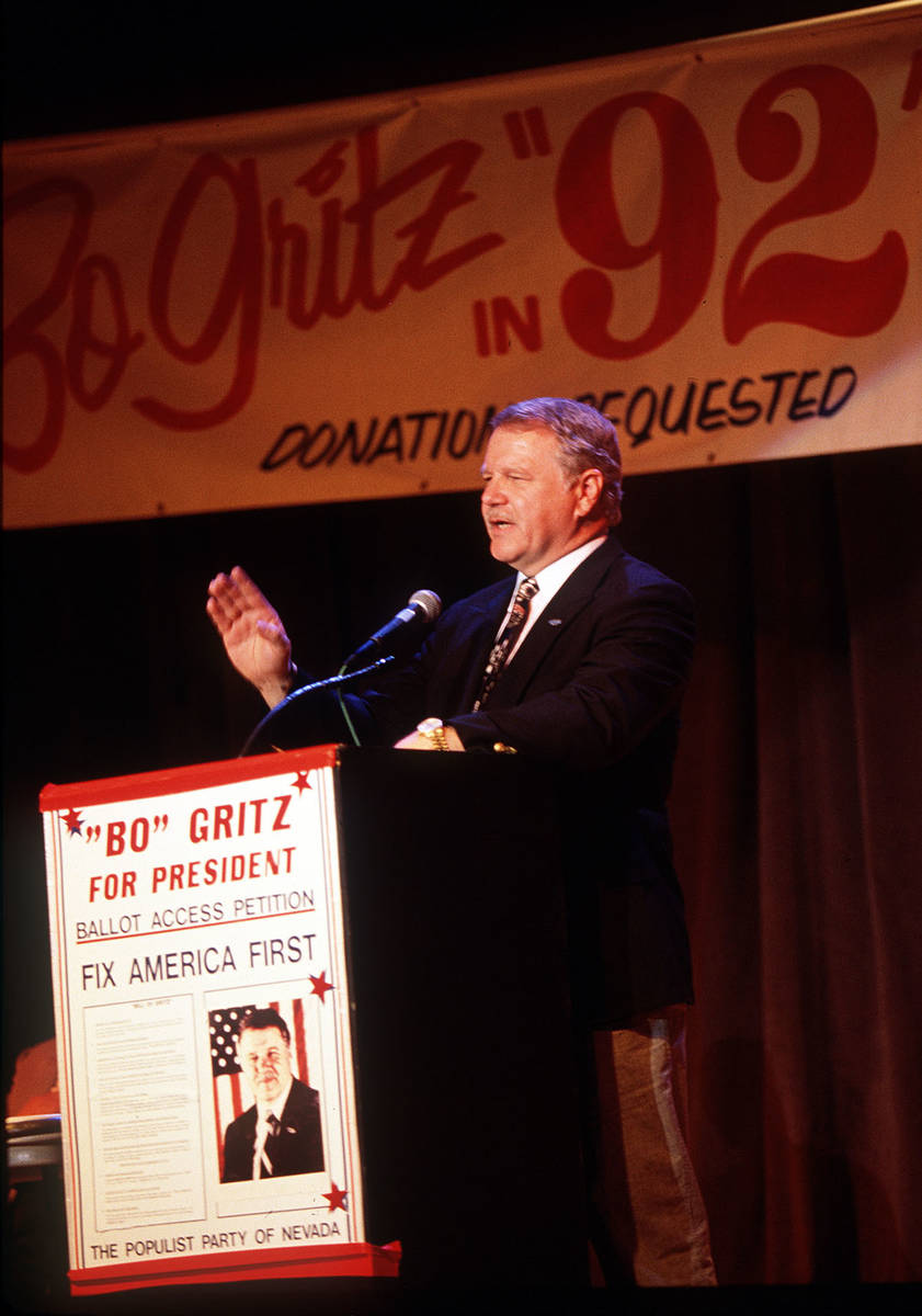 James “Bo” Gritz is seen as he campaigns for president in 1992.
