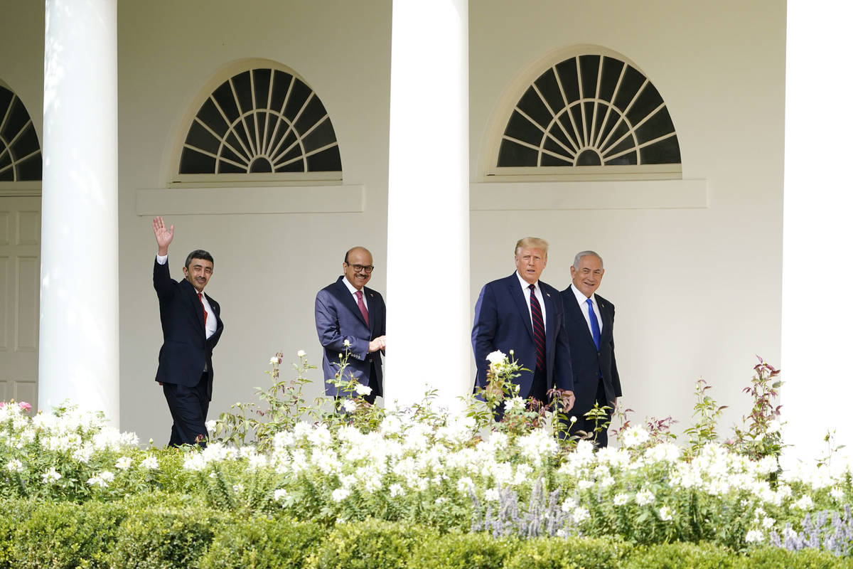 President Donald Trump walks to the Abraham Accords signing ceremony at the White House, Tuesda ...