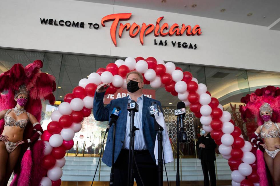 Mike Thoma, interim general manager of Tropicana Las Vegas, speaks during the reopening ceremon ...