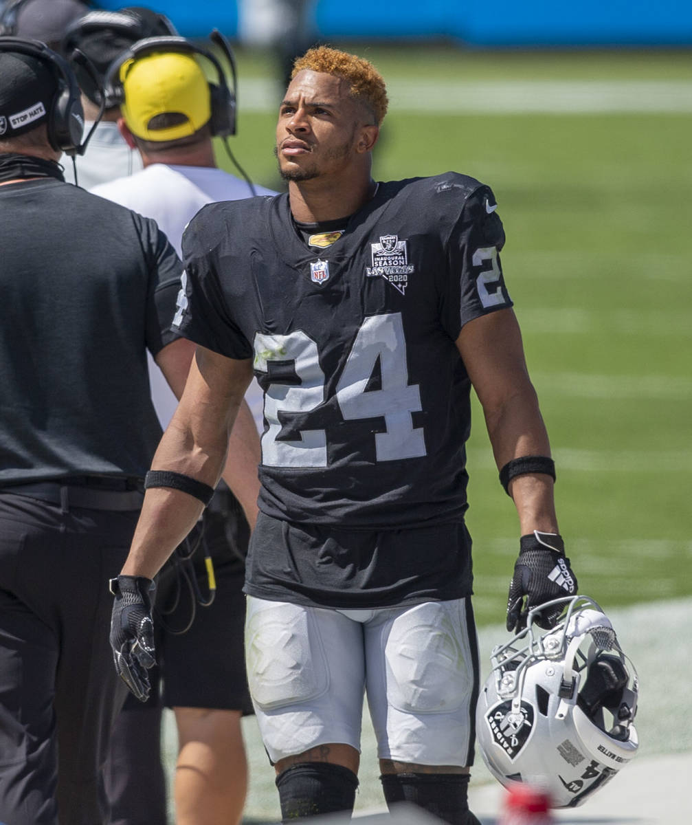 Las Vegas Raiders safety Johnathan Abram (24) looks at the scoreboard in the 4th quarter of an ...