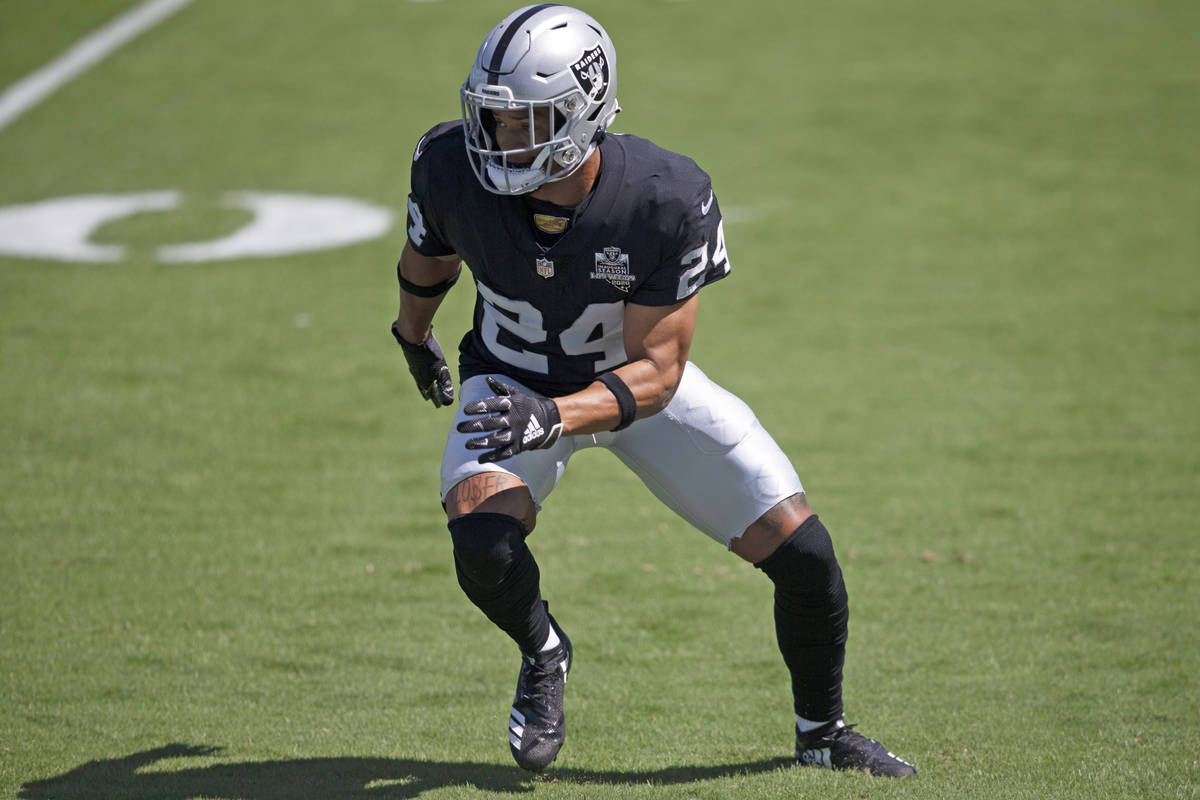 Las Vegas Raiders safety Johnathan Abram (24) warms up before an NFL football game against the ...