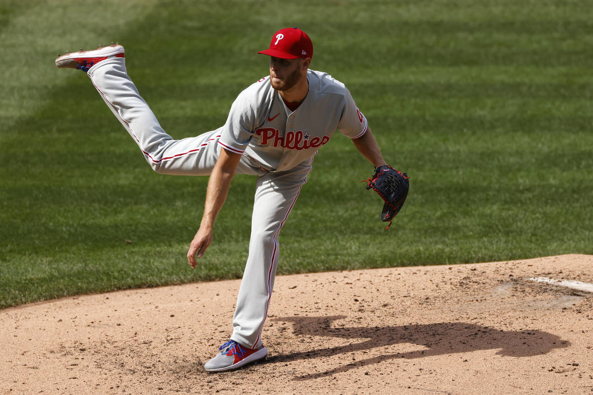 Philadelphia Phillies starting pitcher Zack Wheeler delivers a pitch during the third inning of ...