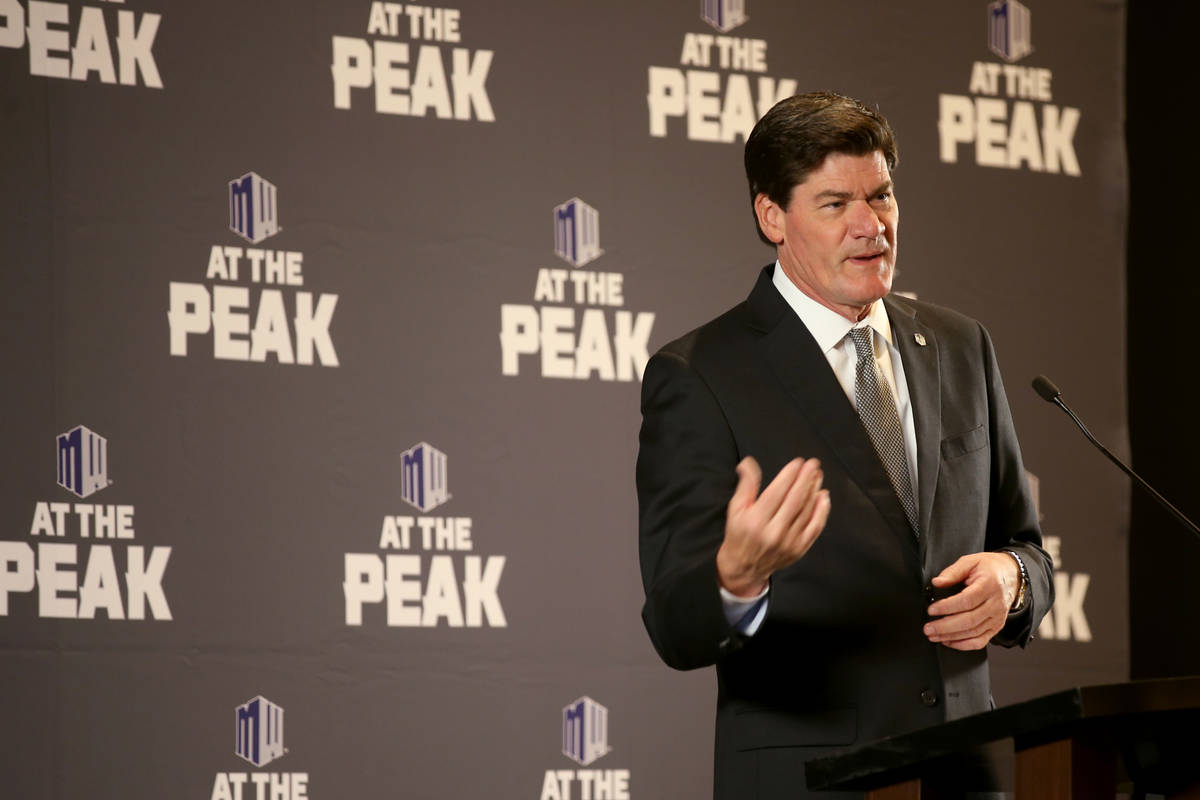 Mountain West commissioner Craig Thompson speaks during conference football media days at Green ...