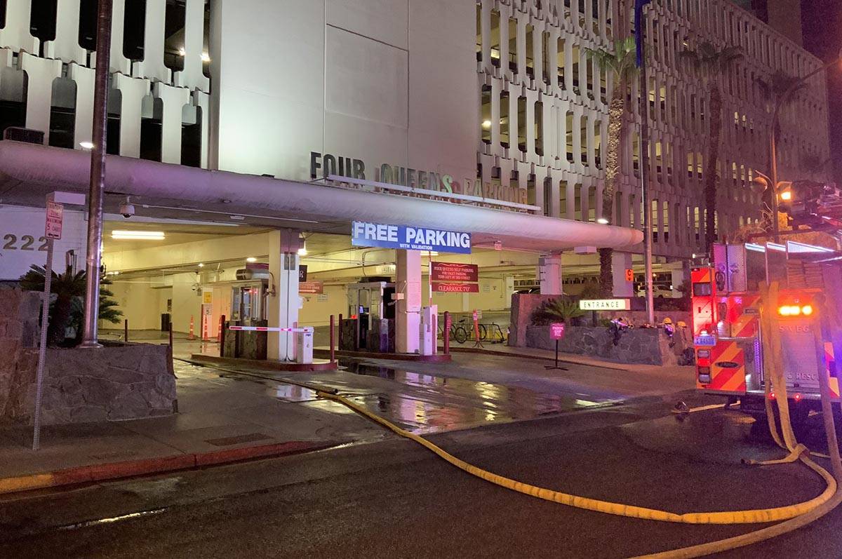 At least five vehicles caught fire at the 4 Queens Hotel & Casino parking garage early Thursday ...