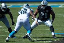 Las Vegas Raiders offensive tackle Denzelle Good (71) prepares to block Carolina Panthers defen ...